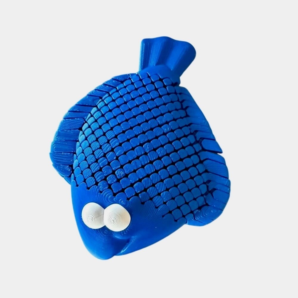 Blue 3D Printed Fish Art Decor Whimsical Googly Eyes Desk Shelf